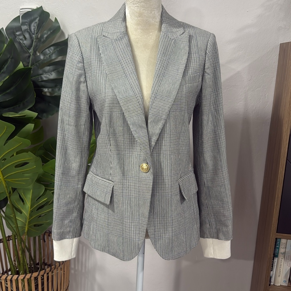 Derek Lam 10 Crosby micro plaid blazer jacket with knit sweater sleeve hem